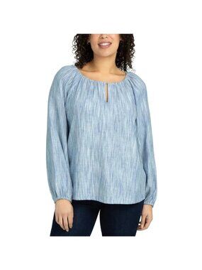 Boston Traders Womens Blue Long-Sleeve Keyhole Blouse Size Large